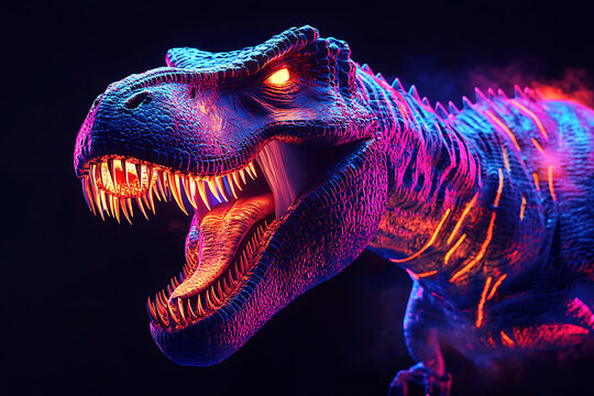 illustration of an abstract, neon dinosaur t rex in pop art style on a black background, a dinosaur t rex, dinosaur t rex, scary dinosaur t rex, neon, black background, dark background, 3d rendering