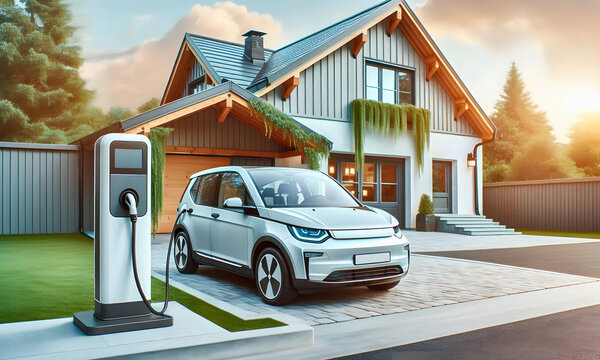 Futuristische Elektrotankstelle, Ladestation mit Elektroauto, Wohnhaus