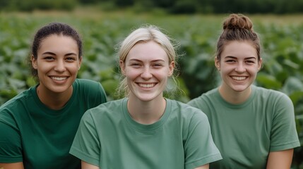 Obraz premium Group of Volunteers Planting Trees in Green Field with Smiles and Teamwork