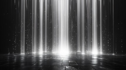 Bright vertical light beams illuminate dark reflective floor. AI Generated