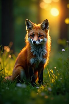 Fuchs in einem gr?nen Wald, bei Sonnenuntergang, abend, wilde natur