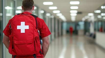 Paramedic walking hospital corridor, emergency response