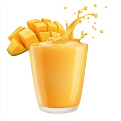 Tropical mango smoothie with a splash of fresh juice, isolated on white background