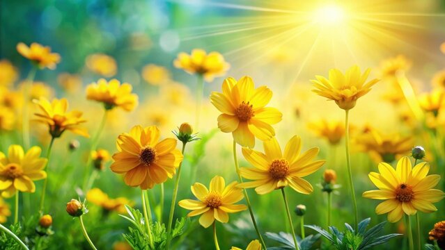 Colorful cheerful yellow flowers blooming in a sunny summer meadow with gentle breeze, plant life, blossoms,  plant life