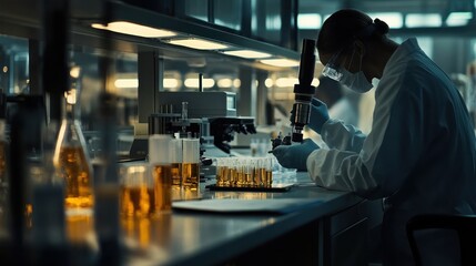 Scientist examines samples under microscope in modern lab; background research