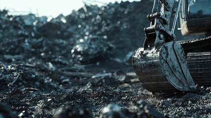 Excavator bucket lifting scrap metal in a recycling yard, symbolizing industrial demolition and sustainability. Perfect for construction, waste management, and environmental recovery themes.