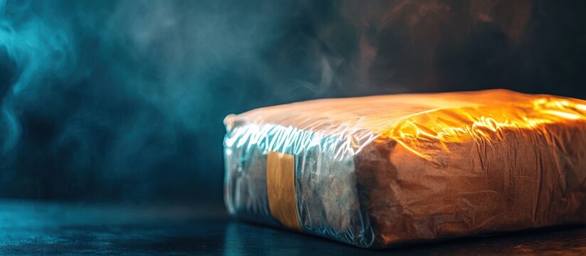 Smuggled package steaming on dark surface, smoky background