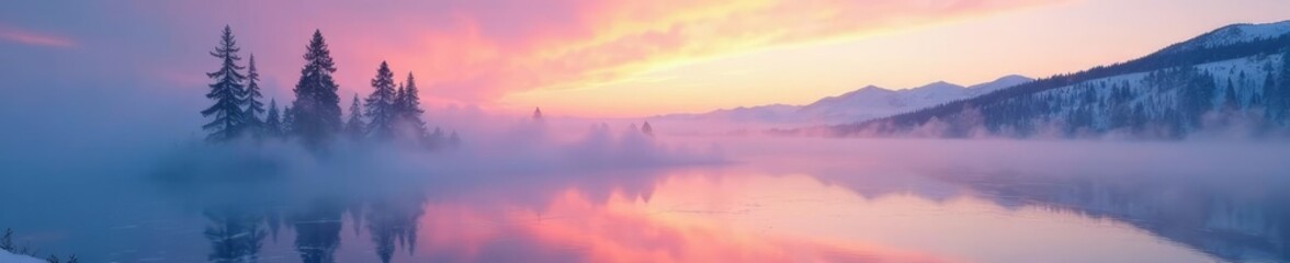 Obraz premium Misty veil rises from Baikal as morning dawns, ice, fog