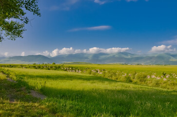 Bazum mountains, Urut river canyon and Stepanavan farmlands scenic view from Bovadzor village (Lori province, Armenia)