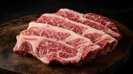 Fototapeta premium Fresh meat sits on a wooden cutting board, ideal for cooking and serving