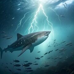 Fototapeta premium Majestic Leviathan Beneath a Stormy Ocean, majestic leviathan, stormy ocean, colossal sea creature, shimmering scales, lightning silhouette, powerful marine life, ocean fantasy, elegance, no people