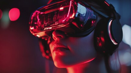 Woman uses VR headset, neon city background, futuristic tech