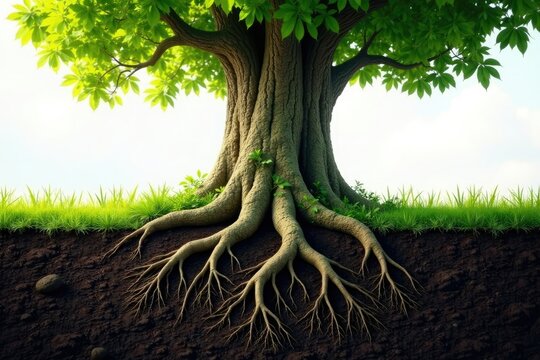 Roots and base of a large tree exposed to ground, natural, underground, soil
