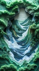 Fototapeta premium Traditional green and white paper-cut art Chinese landscape poster background