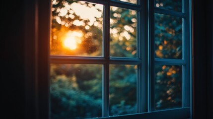 Fototapeta premium Sunset view through windowpane, home interior, peaceful evening, nature scene, idyllic background