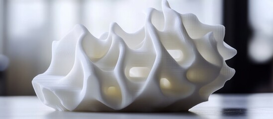 White 3D-printed sculpture on table, blurred background, modern decor