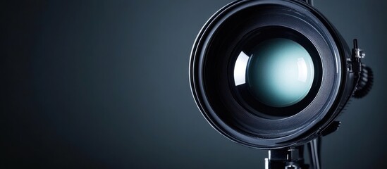 Studio shot of large camera lens against dark background, for website header