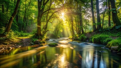 Fototapeta premium A serene water flow through dense foliage, with sunlight filtering through the trees and casting dappled shadows on the forest floor , serenity, water flow