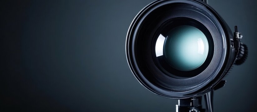 Studio shot of large camera lens against dark background, for website header