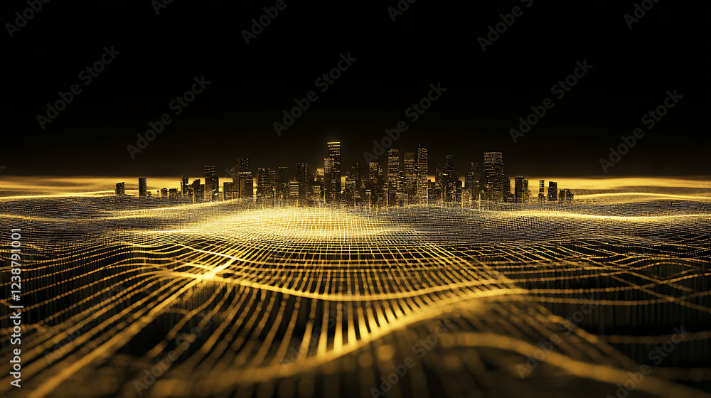 Poster a digital city skyline emerges from golden waves, creating a futuristic and dynamic visual represent