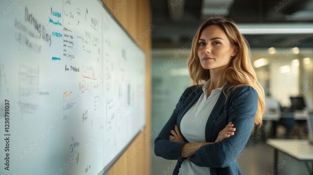 Poster a woman stands in front of a white board with notes and diagrams, ready to teach or present