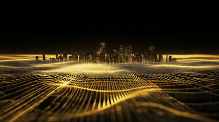 A digital city skyline emerges from golden waves, creating a futuristic and dynamic visual representation of urban life.