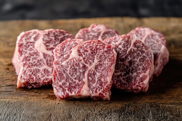 Freshly cut raw meat sits on a wooden cutting board, ready for preparation or cooking