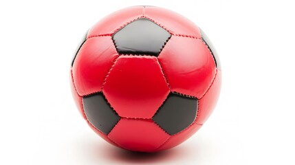 Fototapeta premium 90. A bright red soccer ball with black detailing, centered on a white background