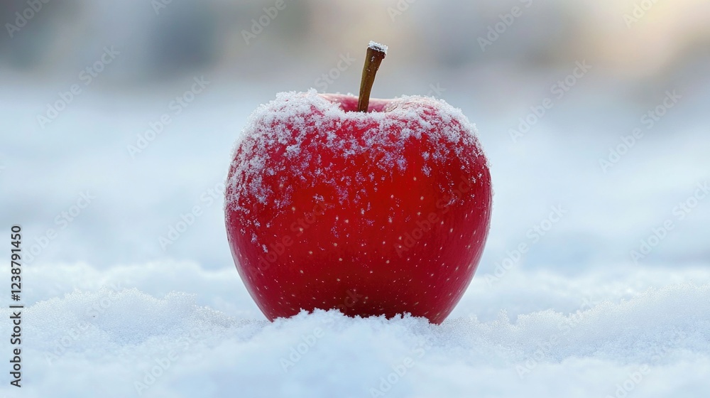 Poster a single red apple is covered in snow and sits in the winter scenery