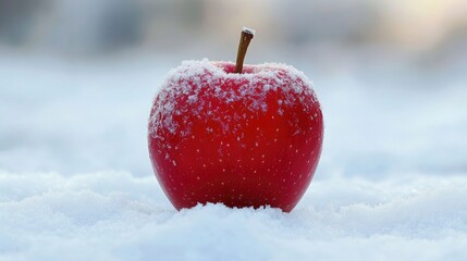 A single red apple is covered in snow and sits in the winter scenery