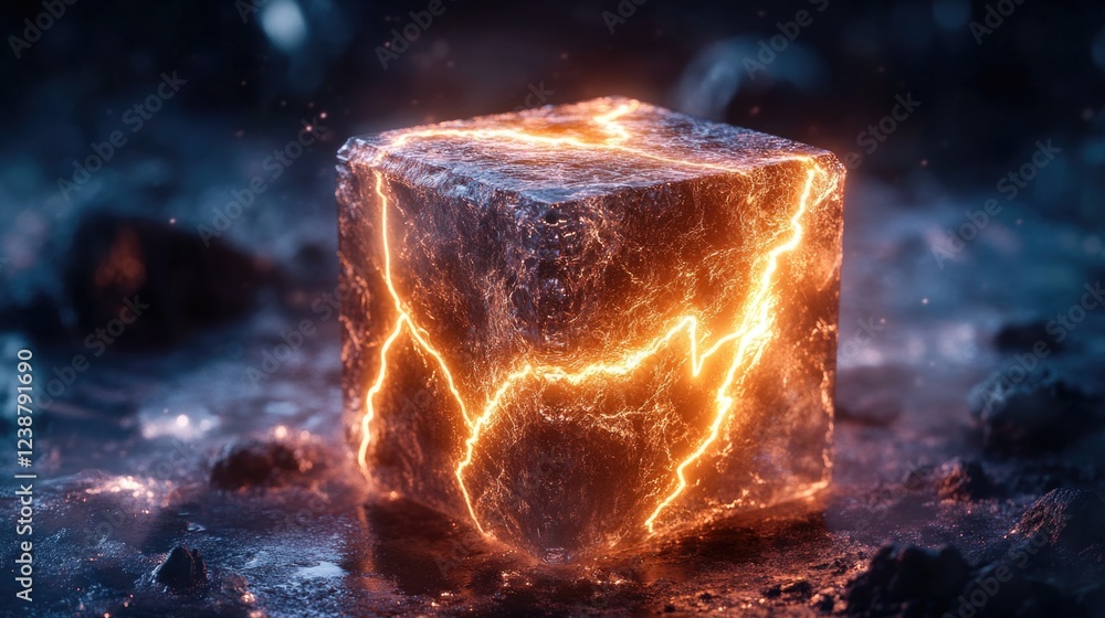 Poster a glowing ice cube sits atop a rocky surface, illuminated by an unknown source