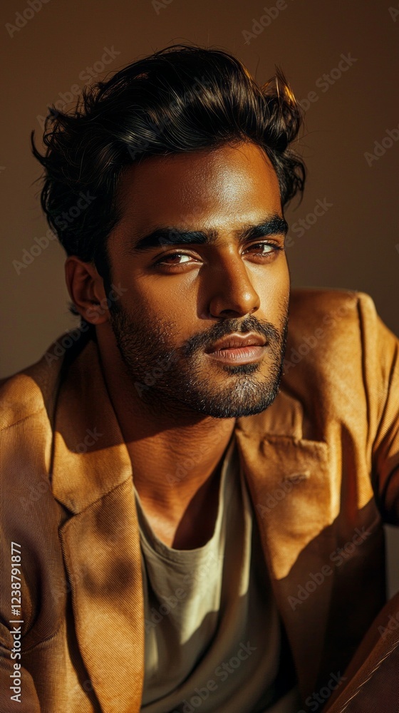 Poster a young man with striking features gazes intently at the viewer, illuminated by soft, warm light. hi