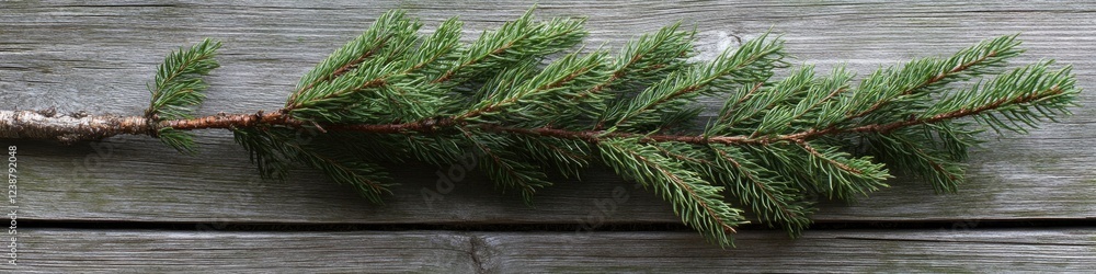 Poster a close-up shot of a pine tree branch on a wooden surface, great for design and photography projects