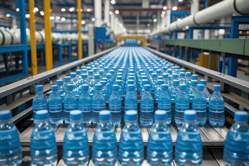 Fototapeta premium Robotic factory line for processing and bottling pure spring water into used gallons. Modern automated production line for water or beverages. Water factory