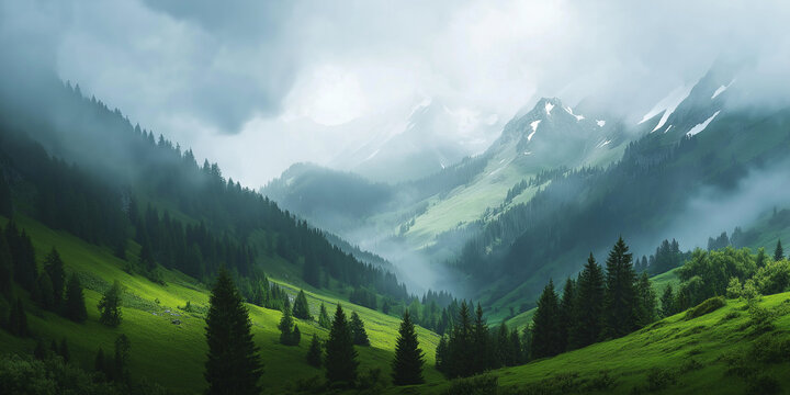 A breathtaking view of misty green mountains with rolling hills, dense evergreen forests, and clouds touching the peaks, creating a serene and mystical atmosphere
