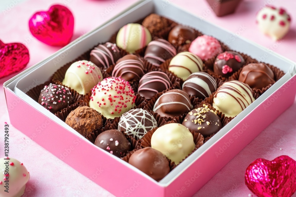 Poster box of assorted chocolates sitting on a table with a variety of treats inside