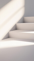 Minimalist white staircase bathed in soft natural light, creating a serene and abstract composition with shadows and highlights