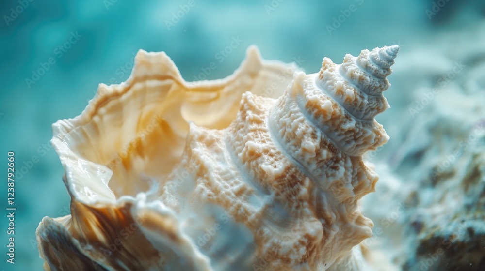 Poster a close-up shot of a sea shell sitting on a rock, perfect for using in designs related to the ocean 