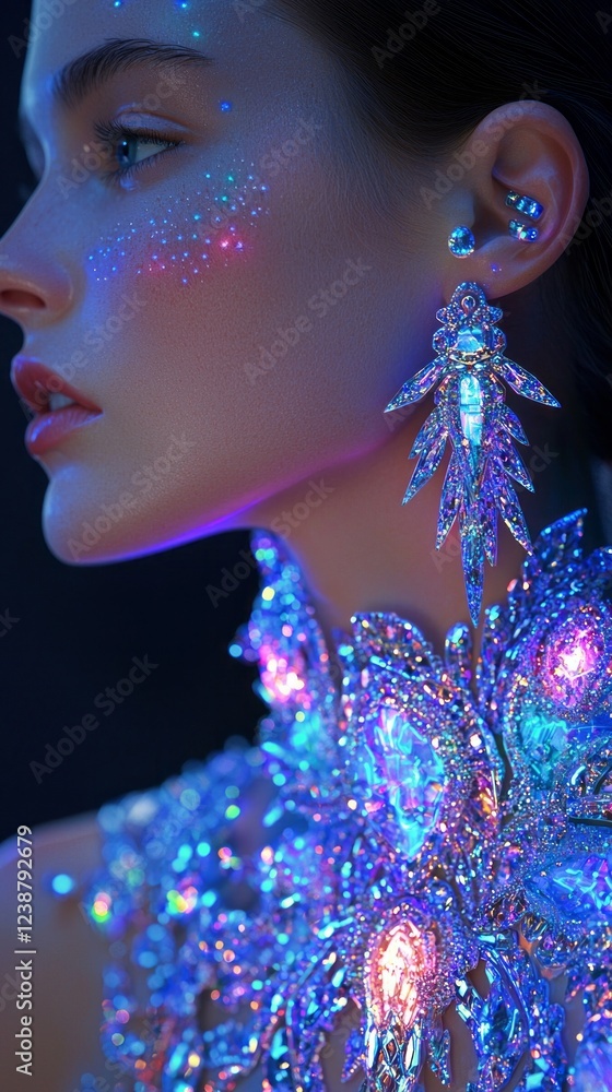 Poster an enchanting figure showcases an elaborate design, adorned with radiant jewelry that reflects light