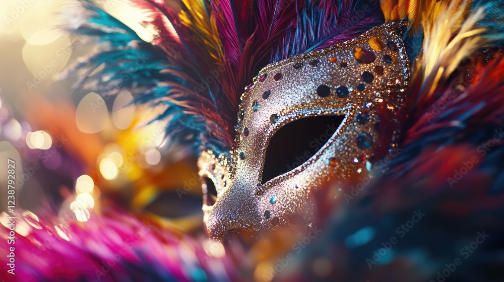Poster a detailed shot of a colorful carnival mask adorned with feathers, perfect for use in illustrations 