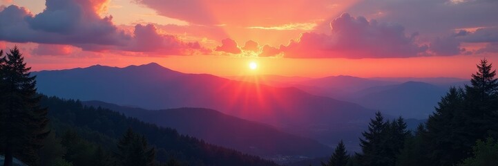 Obraz premium Sunset over mountain range with clouds and trees, sky, landscape