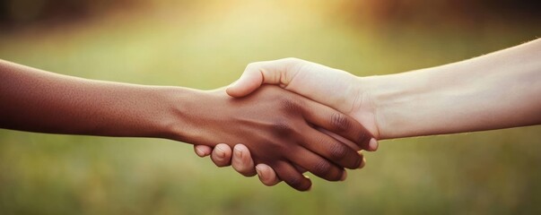 Diverse hands shake, outdoor, sunset, unity