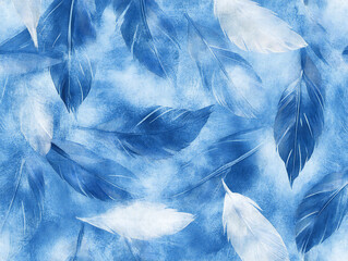 Fototapeta premium Seamless Blue Watercolor Feather Pattern on Textured Background