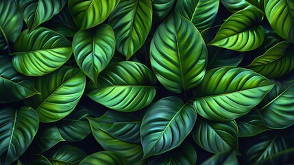 Fototapeta premium lush, dark green leaves, highlighting their vivid texture and natural beauty. The leaves overlap, creating a rich, tropical feel with vibrant contrast and a sense of depth.