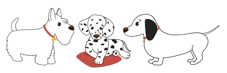 Outline pets-dogs. Dalmatian, dachshund. Domestic funny animals-characters with happy faces. Vector set.