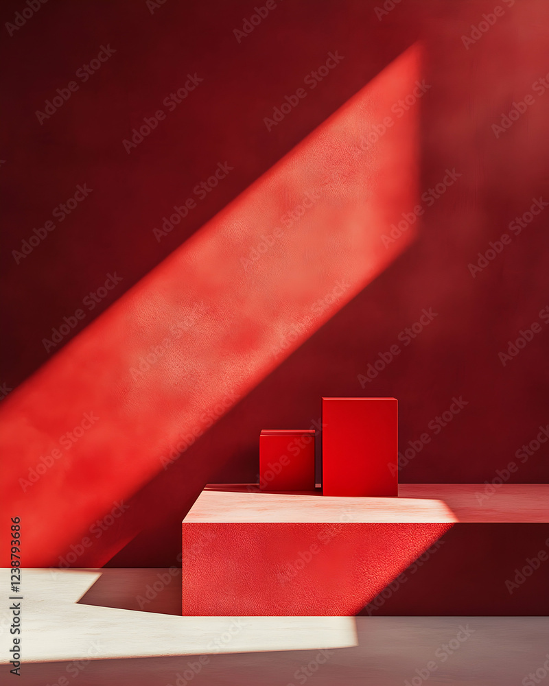 Poster red minimalist product display: sunlit boxes on platform