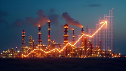 Fototapeta premium Industrial Oil Refinery with Towering Smokestacks at Dusk