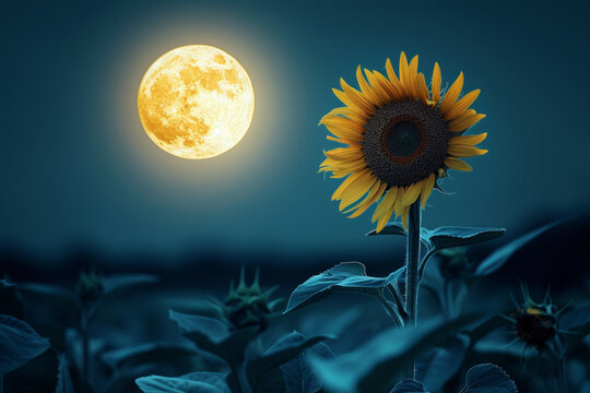 Blooming sunflower under a bright moon nighttime garden nature photography tranquil atmosphere