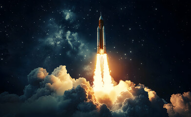 Majestic Spacecraft Launch: A Nighttime Ascent Through Starry Skies