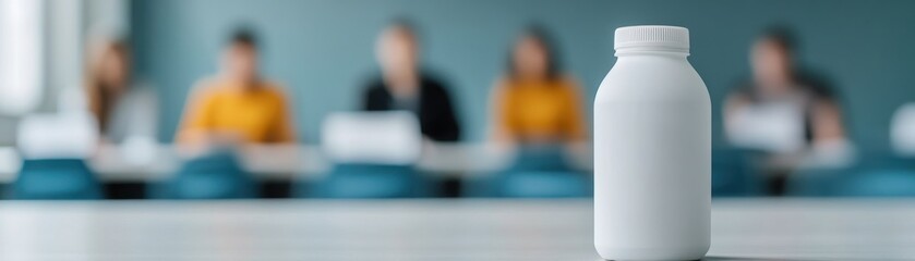 A white bottle stands in the foreground against a blurred meeting room, symbolizing corporate wellness and productivity.